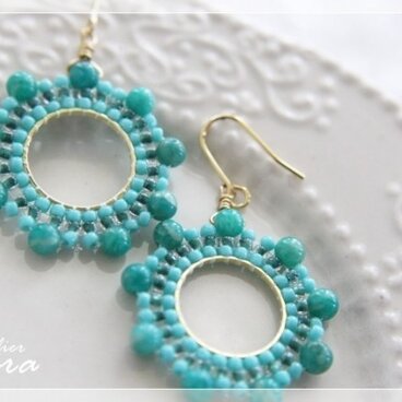 ロシアンアマゾナイト ビーズステッチ フープピアス