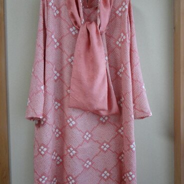着物リメイク・サーモンピンク絞染ワンピース&ストール/ポケット付