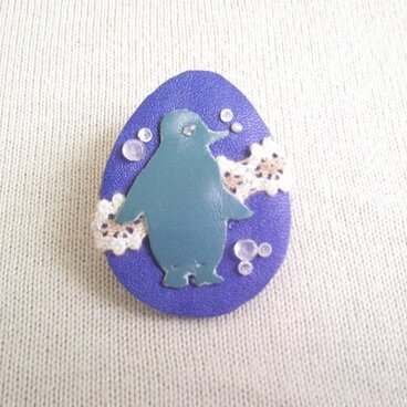 〜一点物〜本革半貴石マフラーブローチ～「ペンギンの朝」