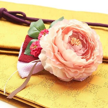 レトロアンティーク髪飾り　28（薄紫のリボンに大きな桃色牡丹）