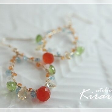 K14GF 宝石質カーネリアン＆ペリドット＆シトリン ピアス