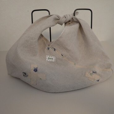 あずま袋　その６　リネンとブルーの花プリント　Ｓサイズ　　