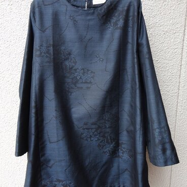 着物リメイク・扇柄大島紬スリットチュニック/ポケット付