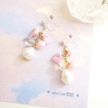 ＊SAKURA＊ノンホールピアス ＊ピンクオパール×淡水パール＊