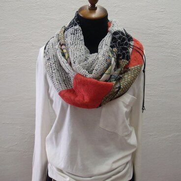 ギャザースヌード(オレンジメッシュ×グリーン柄×ブラックレース）