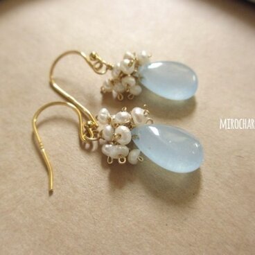 淡水パールとアクアブルーストーンのドロップピアス* 18KGP