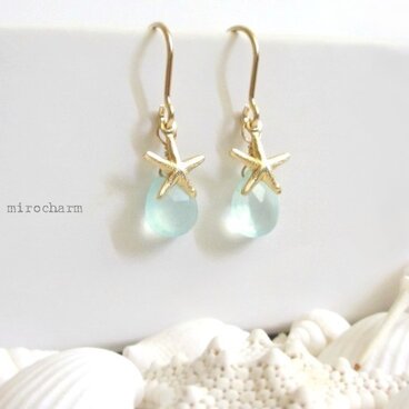 【再販】カルセドニーとスターフィッシュのプチピアス*14KGF