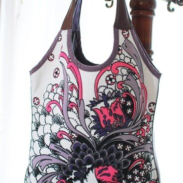 sale ヴィンテージ花ジャージー×羊革のソフトバッグ紫