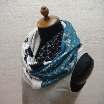 ギャザースヌード　（ボーダーレース×ブルーグリーン×グレー）