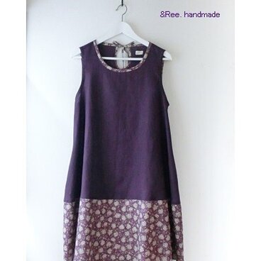 ☆紫リネン+ハーフリネン花柄後リボンフレアワンピース