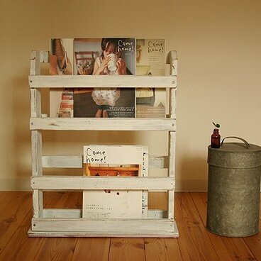 マガジンラック・cafeスタイルな本立て・白シャビーシック仕上げ [受注生産]