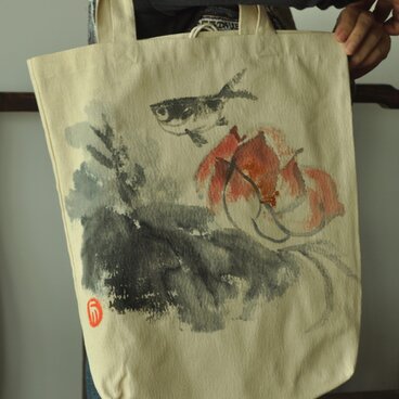 水墨画蓮、魚のエコバッグ