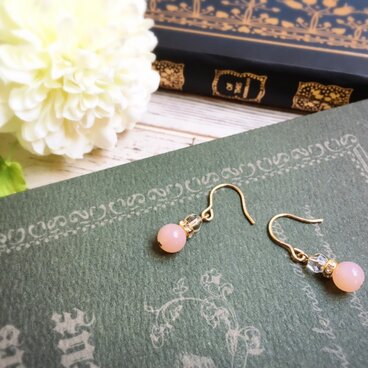 【14kgf】ピンクオパール×クリスタル×ロンデルのピアス