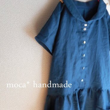 【受注製作/4.30再販売】リネン半袖へちま衿ワンピース★アッシュブルー