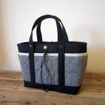 K様ご予約品「wool tote」M　ブラック×ヘリンボーン