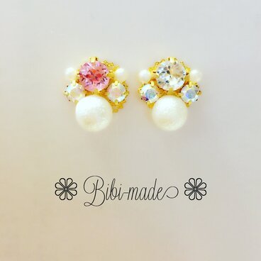 コットンパール♡ビジュー♡ストーン♡ピンク♡クリスタル♡ピアス