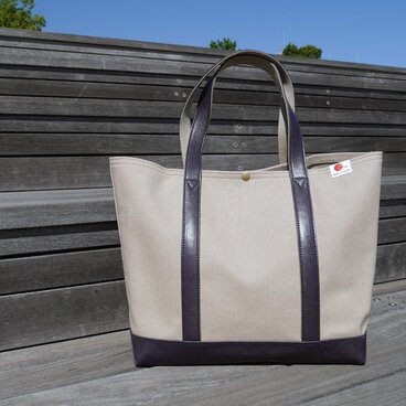 革と帆布のトートバッグ  マッシュカラー (ネイビー）　　【Large】