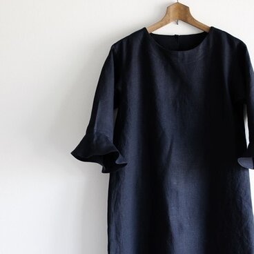 リネン　ベルスリーブサックワンピース　ネイビー