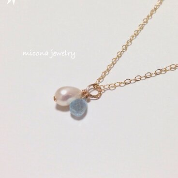 14kgf 3way ブルートパーズと淡水パールのプチペンダント