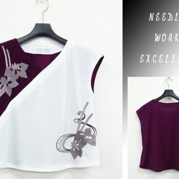 フレンチスリーブＴブラウス　着物風　梅紫×生成