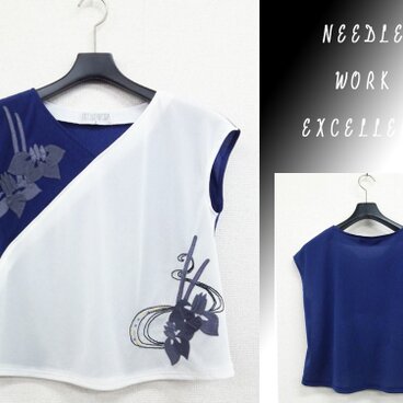 フレンチスリーブＴブラウス　着物風　瑠璃紺×生成