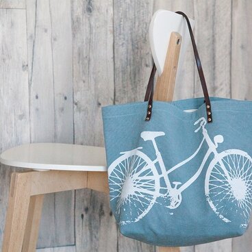 バイオウォッシュ帆布トートバッグ、自転車、スモーキーブルー