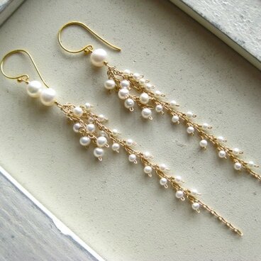 淡水パールのアシンメトリーロングピアス☆Ｗ