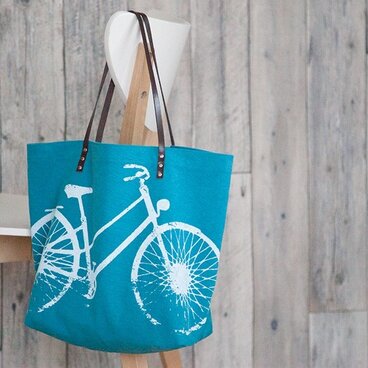 バイオウォッシュ帆布トートバッグ、自転車、ターコイズ