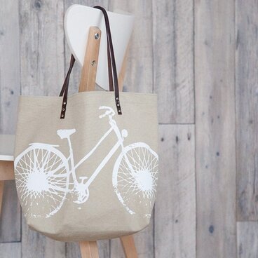 バイオウォッシュ帆布トートバッグ、自転車、サンドベージュ