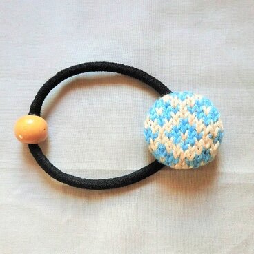 編みkurumiヘアゴム/ﾀﾞｲﾔ柄ﾌﾞﾙｰ×ﾍﾞｰｼﾞｭ