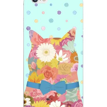 【猫☆花柄・パステルカラー】スマートフォンケース側面あり（ドット・ブルーリボン）