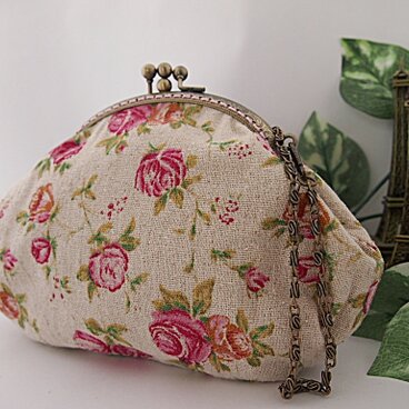 がま口バッグ　二口がま口　リネン花柄プリント　