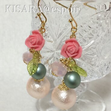 森のバラ姫のコットンパールピアス／イヤリング