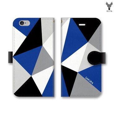 手帳型 三角 模様のスマホケース　トライアングル　ブラック×グレー×ホワイト×ブルー
