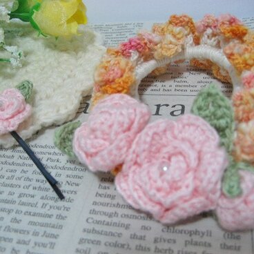 お花畑のコットンシュシュとヘアピンのセット*ピンク×黄色系