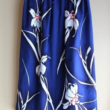 着物リメイク・藍染アイリス柄浴衣タックスカート/ポケット付