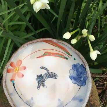 再販　シマシマねこと花の深皿