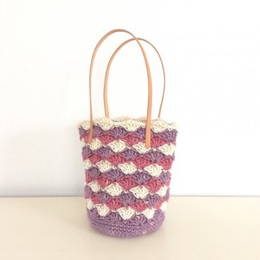 手染め麻ひもバッグ 紫x本革持ち手（内ポケット付）