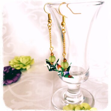 ゆらり♪鶴の折り紙ピアス 緑