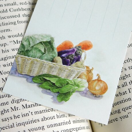 水彩画一筆箋304「籠と野菜」２５枚の画像