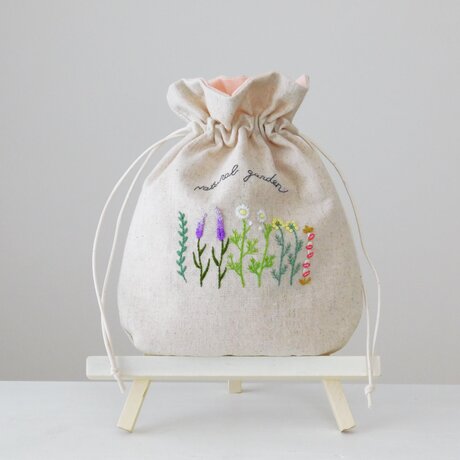 ナチュラルガーデン ハーブのお花 刺繍巾着 【受注製作】