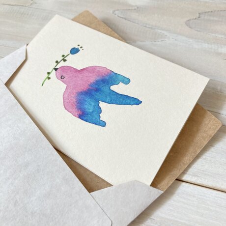 封筒付きミニカード「鳥と花」・水彩の画像