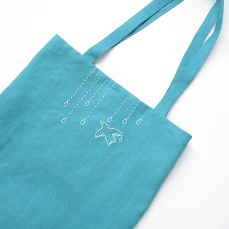 鳥さんの刺繍、リネンのミニバッグ　ターコイズブルー　［残り１点］の画像