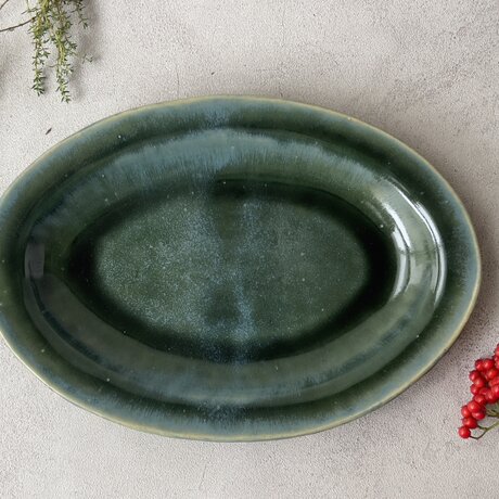 オーバルプレート 深緑釉 C