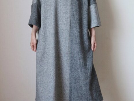 秋冬　バイカラーのロングワンピース　グレー　ツイード×ヘリンボーン　