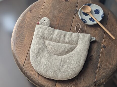 リネンのポットマット　鳥/ナチュラル　麻　ベージュ　