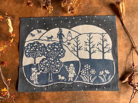 藍錠・ベンガラ泥染め染布　ミカンの国の冬