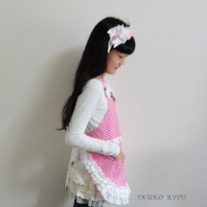 最大15%OFFクーポン 再販】リボン付き三角巾−ピンクドットレースつき | iichi 日々 エプロン・三角巾