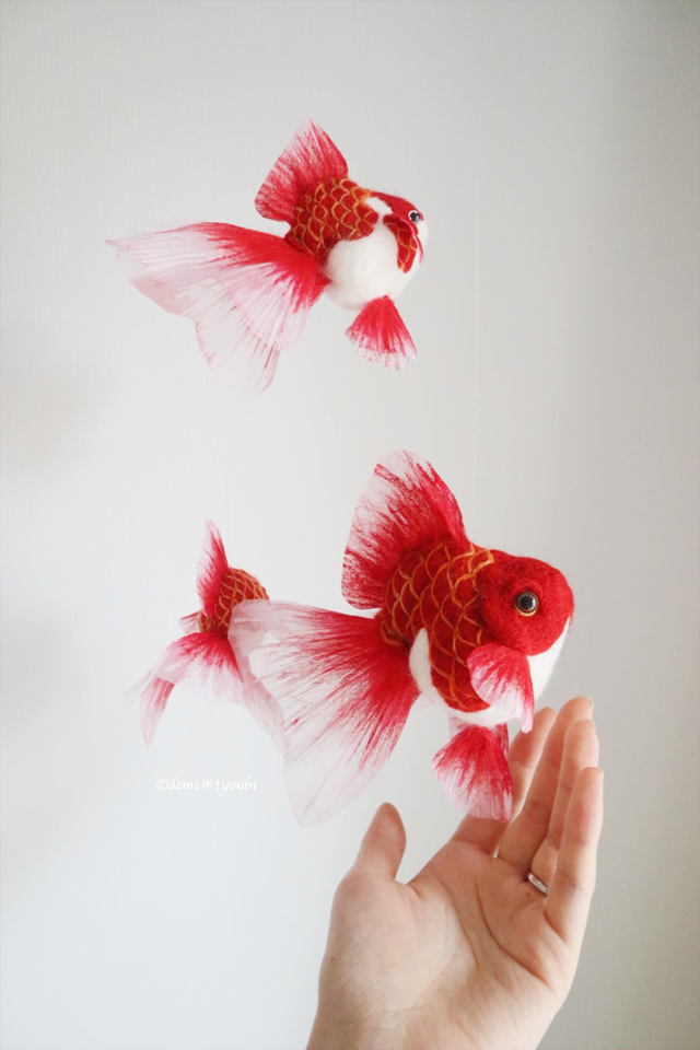 ハートほっぺな水泡眼 夏 金魚 羊毛フェルト アクアリウム 母の