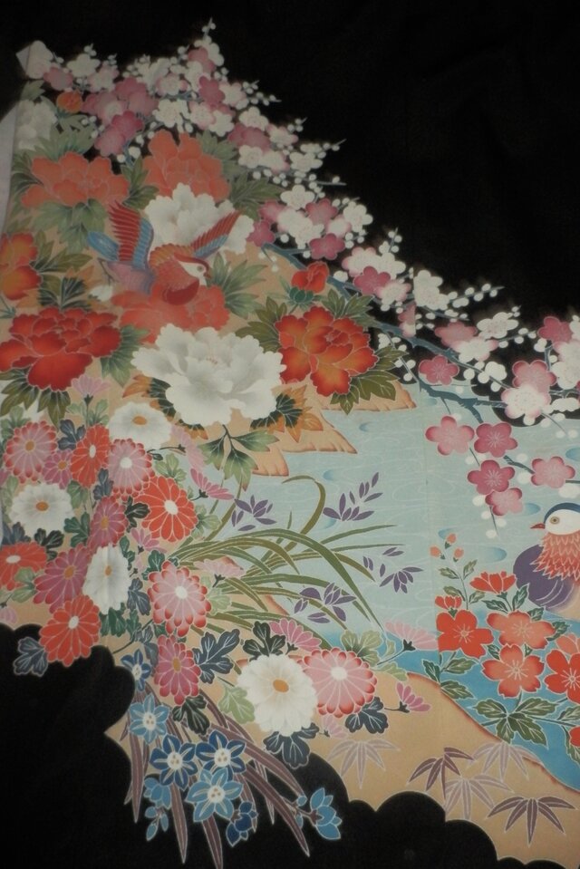 彩　着物リメイク♪ 艶やか袋帯と着物からロングワンピース❣️鶴 鶴・松刺繍＆箔置き正絹金彩黒留袖ワンピースM～L＆ギャザー